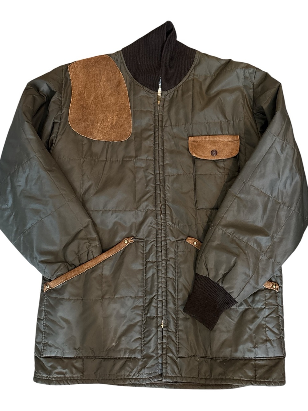 Bob Allen Gun Club Sportswear Green Quilted Jacket with Brown Suede Accents